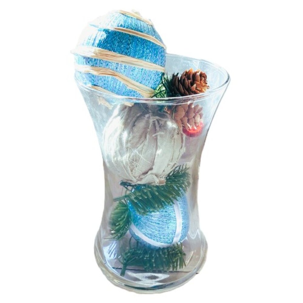 Decorative Vase Centerpiece Holiday Orbs Balls Greenery Pine Cones Ornaments